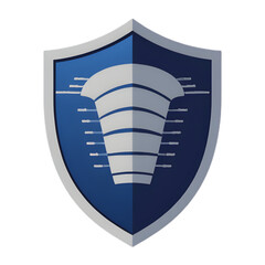 A sophisticated blue cyber security shield icon with a central, layered technological symbol.