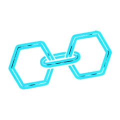 Two distinct hexagons are interconnected by a central looping link in a simple blue line art style.