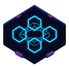 Four glowing blue hexagonal outlines are interconnected within a dark blue, tech-inspired shield or badge, suggesting advanced technology.
