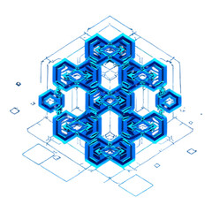 A complex, fractal-like structure of interconnected blue hexagons emerges from a transparent geometric grid on a white background.