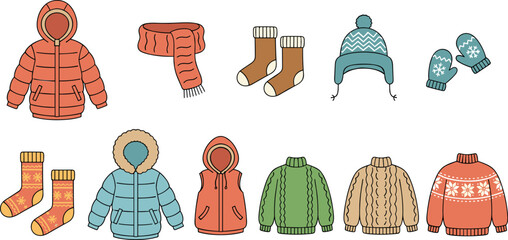 Horizontal set of winter clothing icons including puffer jackets, sweaters, scarves, and mittens in flat vector style, © Saidi