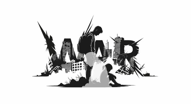 Figures in a destroyed city with the word WAR in sharp, fragmented letters