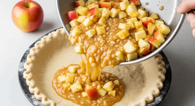 Filling a pie crust with diced apples and caramel sauce