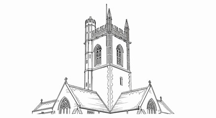Fototapeta premium Detailed line art sketch of a Gothic church tower with pointed arches and spires