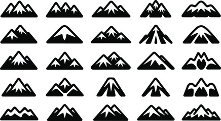 Diverse black mountain icons arranged in a grid mountains
