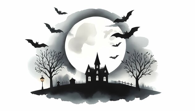 Spooky haunted house under full moon with bats flying overhead