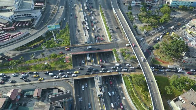 4K Drone Footage of Dense Traffic at Multi Level Highway Junction in Lima, Peru.