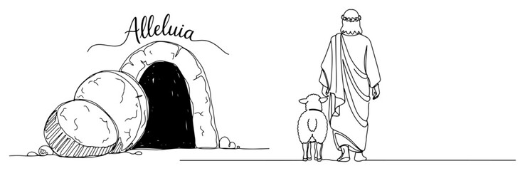 Religious Easter illustration of Jesus with lamb and empty tomb with Alleluia text in continuous line art © Katarzyna