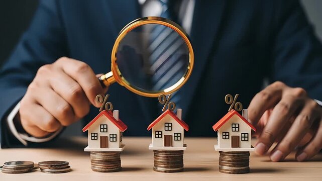 Businessman Analyzing Affordable Housing Market with Magnifying Glass on Stacks of Coins and Miniature Houses with Percentage Symbols