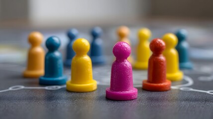 Close up view of colorful board game pawns scattered on a game board symbolizing strategy decision making and group dynamics with shallow depth of