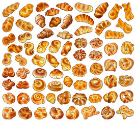  Bakery objects and elements cartoon set. Buns and pastries hand drawn doodle collection. Vector background.