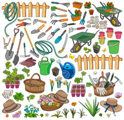 Gardening vector illustration. Set of garden cartoon hand drawn elements set