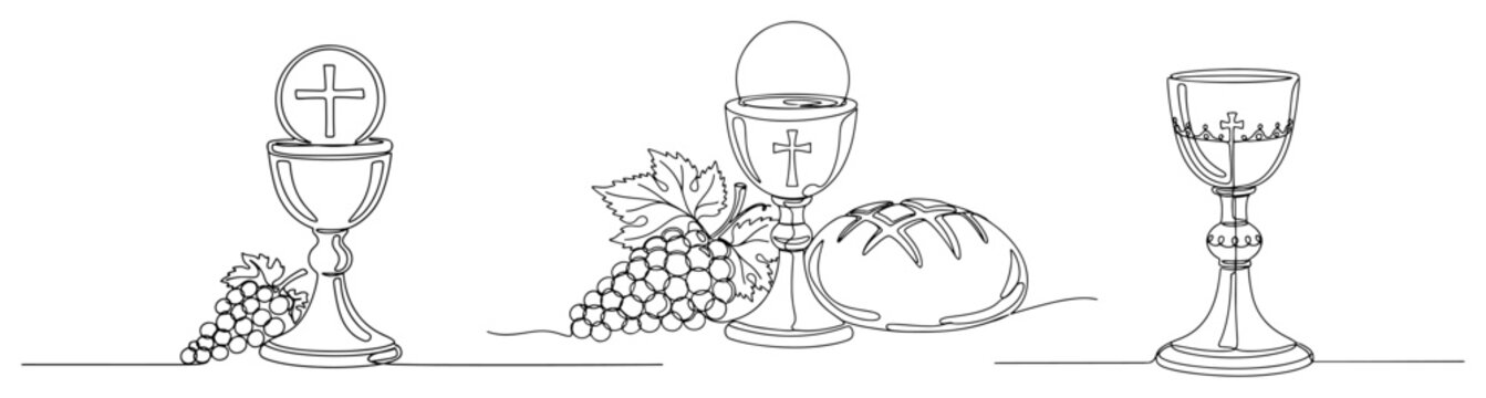 Religious Eucharist set with chalice host bread and grapes in continuous line art