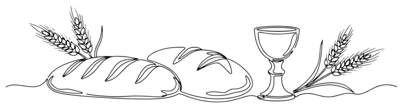 Continuous one line drawing of bread loaves wheat ears and a holy communion chalice