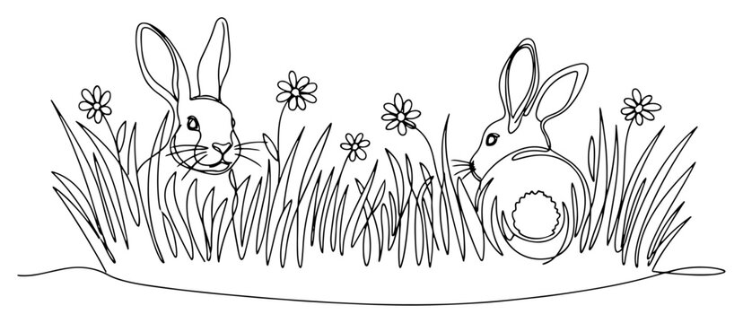 Two cute Easter rabbits hiding in tall grass with flowers in continuous line art style