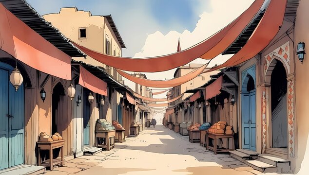 Vibrant Middle Eastern marketplace with traditional architecture and street vendors