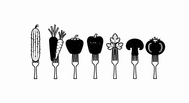 Diverse vegetables and a mushroom impaled on forks, presented in silhouette