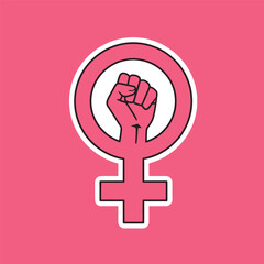 Obraz premium Vibrant pink female symbol with raised fist in circle on colored background representing feminism and empowerment