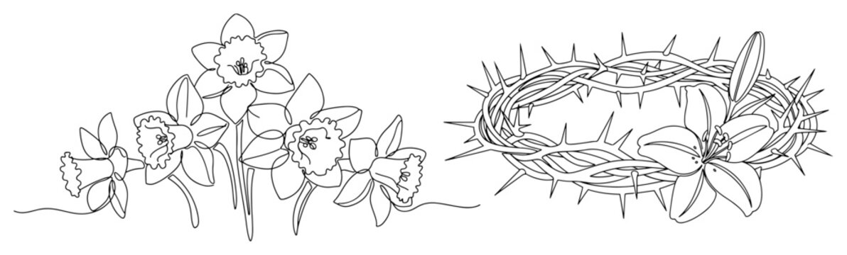 Crown of thorns with spring daffodil flowers in religious continuous line art style