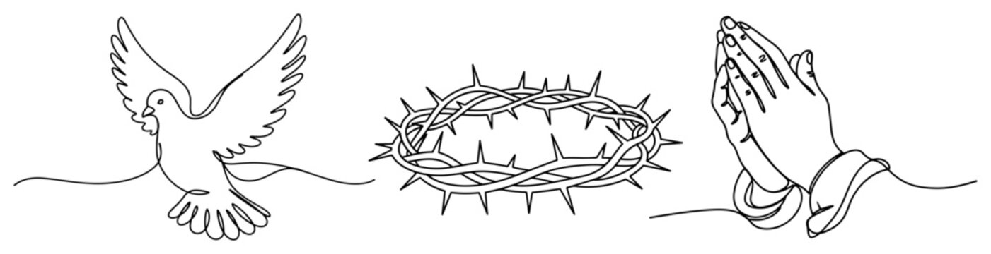 Set of religious symbols including a flying dove a crown of thorns and praying hands in line art