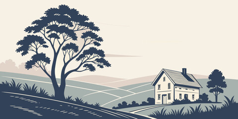 A serene countryside scene with a house and a large tree in the distance.