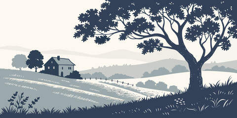 A serene landscape with a large tree overlooking a vast, open field and distant hills. © Murad