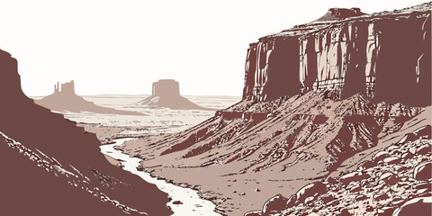 A vast desert landscape with towering rock formations under a clear sky. © Murad