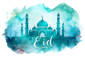  abstract aquamarine watercolor stain texture background with mosque silhouette for eid greeting card on white background PNG. AI Generated.