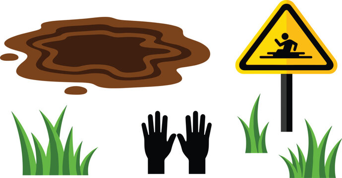 Quicksand warning and mud pit set, vector icons with brown mud puddle, yellow danger sign, grass tufts and human hands reaching for help isolated on white background.