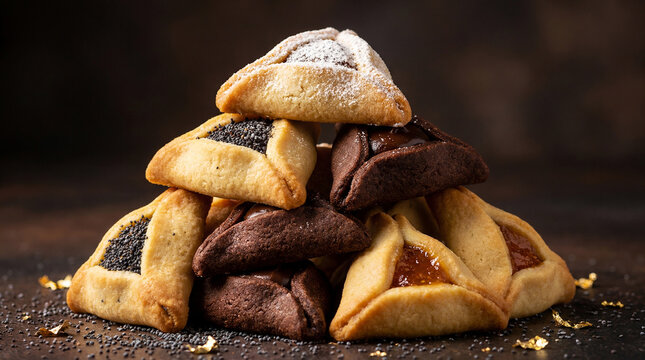 purim hamentashen pyramid, stacked triangle cookies with poppy chocolate and apricot fillings dusted with powdered sugar