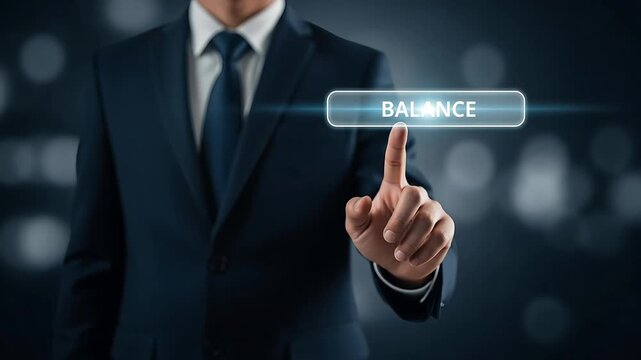 Businessman in suit interacting with virtual balance button on futuristic interface