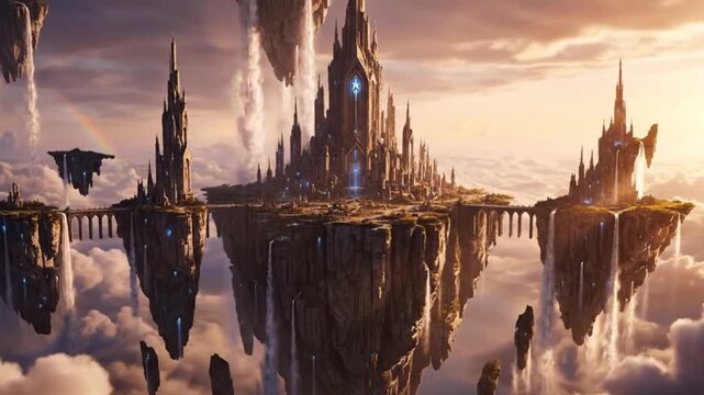 A majestic futuristic fantasy city built upon magnificent floating islands above the clouds, showcasing stunning ethereal architecture within a grand utopian realm