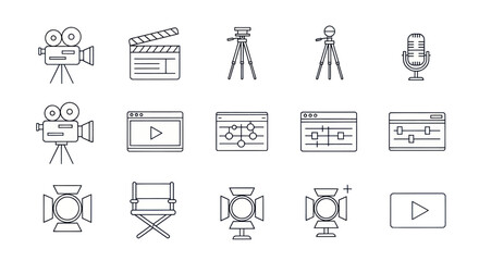 Fototapeta premium Filmmaking Icons: Camera, Clapperboard, Tripod, Spotlight, Microphone, Editing