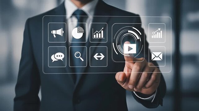 Businessman interacting with digital interface on transparent screen for marketing and communication
