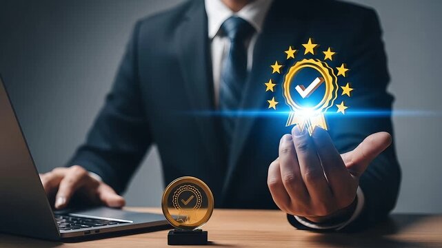 Businessman interacting with glowing verification badge and seal of approval on desk with laptop