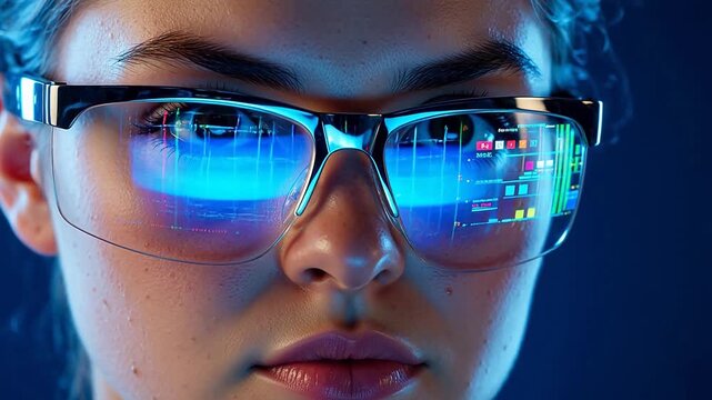 Closeup of person wearing smart glasses with digital display