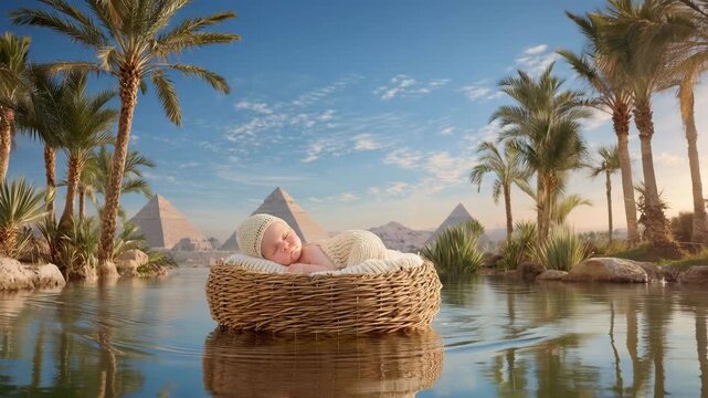 Baby Moses in a Basket Floating on the Nile River. Bible Story, and Christianity Illustration Concept