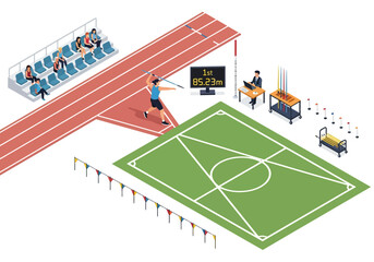 Athlete sprinting on track near soccer field with officials and spectators in stadium © Chico Store