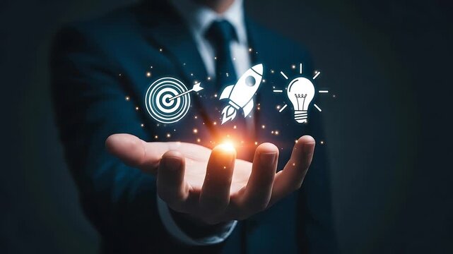 Businessman presenting innovative ideas and goals with hand holding rocket target lightbulb