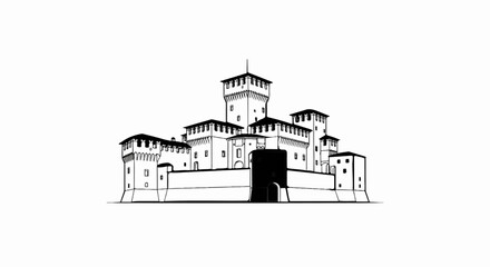 Naklejka premium Detailed ink drawing of a medieval fortress with multiple towers and ramparts