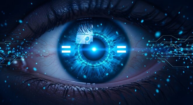 Futuristic close up blue iris eye with biometric scan overlay and glowing circuit lines looking at camera high detail cybernetic security interface neon backlit reflection technology