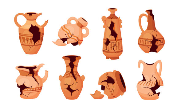 Broken pottery. Ancient cracked vase antique ceramic jug clay jar fragmented piece vessel amphora fragile urn crockery greek pot ruin archaeological qualitative vector illustration