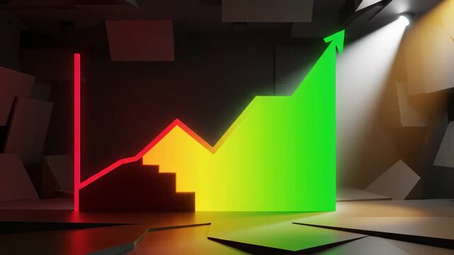 Dramatic 3D Animation of Financial Line Graph Rising from Red Loss to Green Profit, Showing Success and Exponential Growth