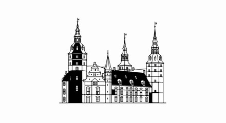 Obraz premium Detailed line art illustration of a grand European castle with multiple towers and intricate architectural features