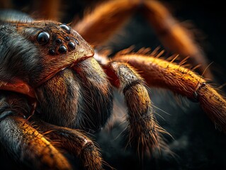 Fototapeta premium A spider’s close-up highlights its textured body and golden legs. Dramatic lighting reveals intricate details and natural intensity.