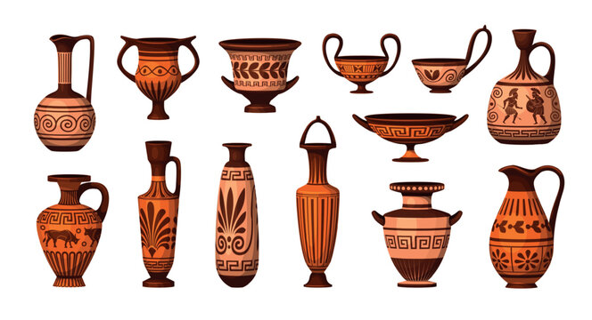 Ancient greek pots. Roman amphora greece pottery, antique vase vessel earthenware old pot museum archaeological clay bowl jar olive wine oil jug set qualitative vector illustration