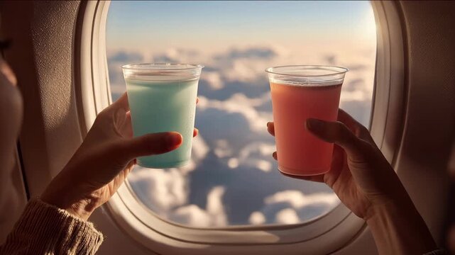 Celebrating Cheap Flight Day with a toast on board. Two friends clink colorful drinks in plastic cups, enjoying a budget-friendly journey as clouds float by the window.