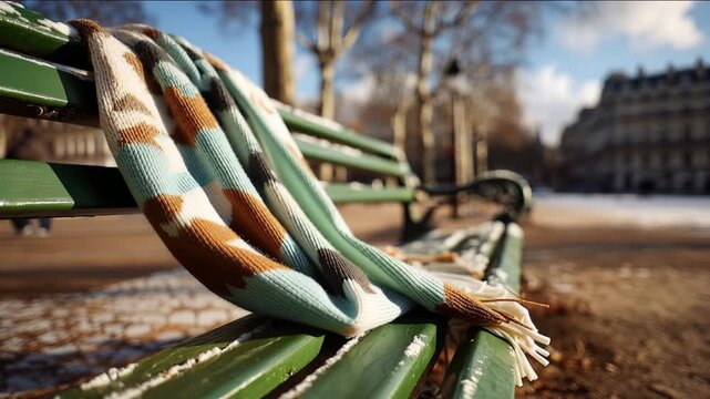 Warm knitted blanket with tassels and geometric pattern draped over a vintage green park bench on a cold sunny autumn day in the city. Slow living, comfort, and texture concept.