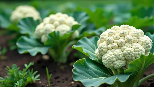 A backyard vegetable garden showing mature cauliflower plants with healthy white heads 