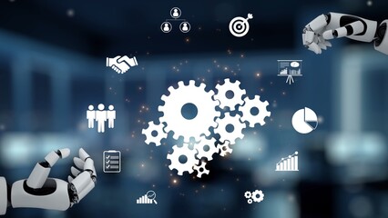 Fototapeta premium AI fosters teamwork using virtual assistant coordination, artificial intelligence collaboration tools, and AI-powered team efficiency. Kernel